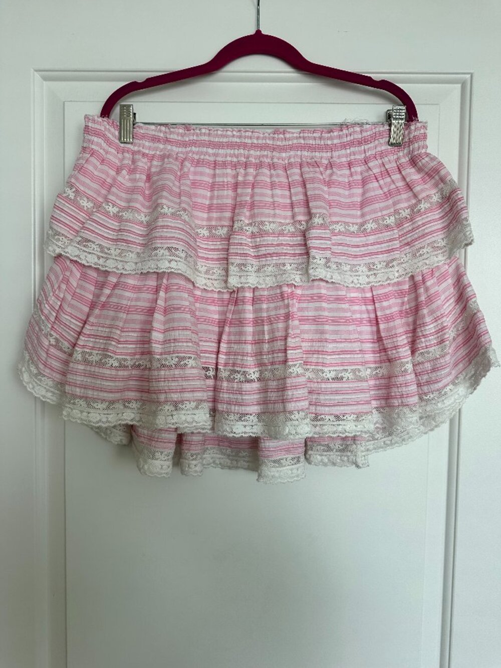 LoveShackFancy Pink Stripe Lace Ruffle Mini Skirt Size XXL